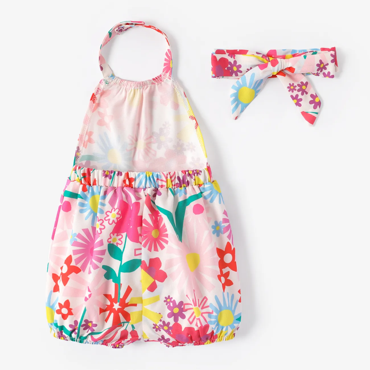 Baby Girl Sweet Floral Print Halter Jumpsuit with Headband Multi-color big image 1