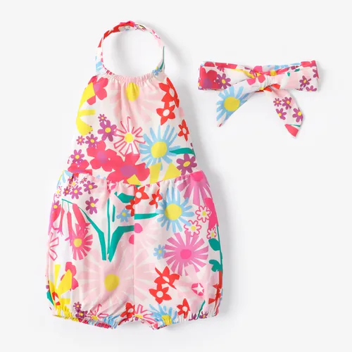 Baby Girl Süßer Neckholder-Jumpsuit mit Blumendruck und Stirnband