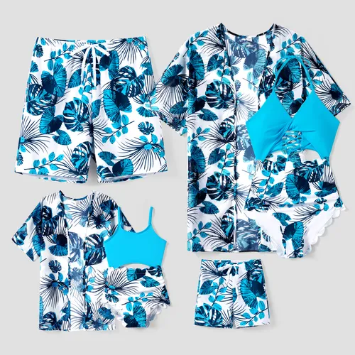 Família combinando azul cordão floral calções de banho ou cortar renda UP Back One-Piece Swimsuit com cobertura opcional