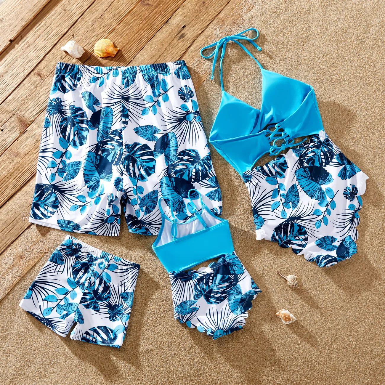 Family Matching Blue Floral Drawstring Swim Trunks or Cut Out Lace UP Back One-Piece Swimsuit with Optional Cover Up BLUEWHITE big image 1