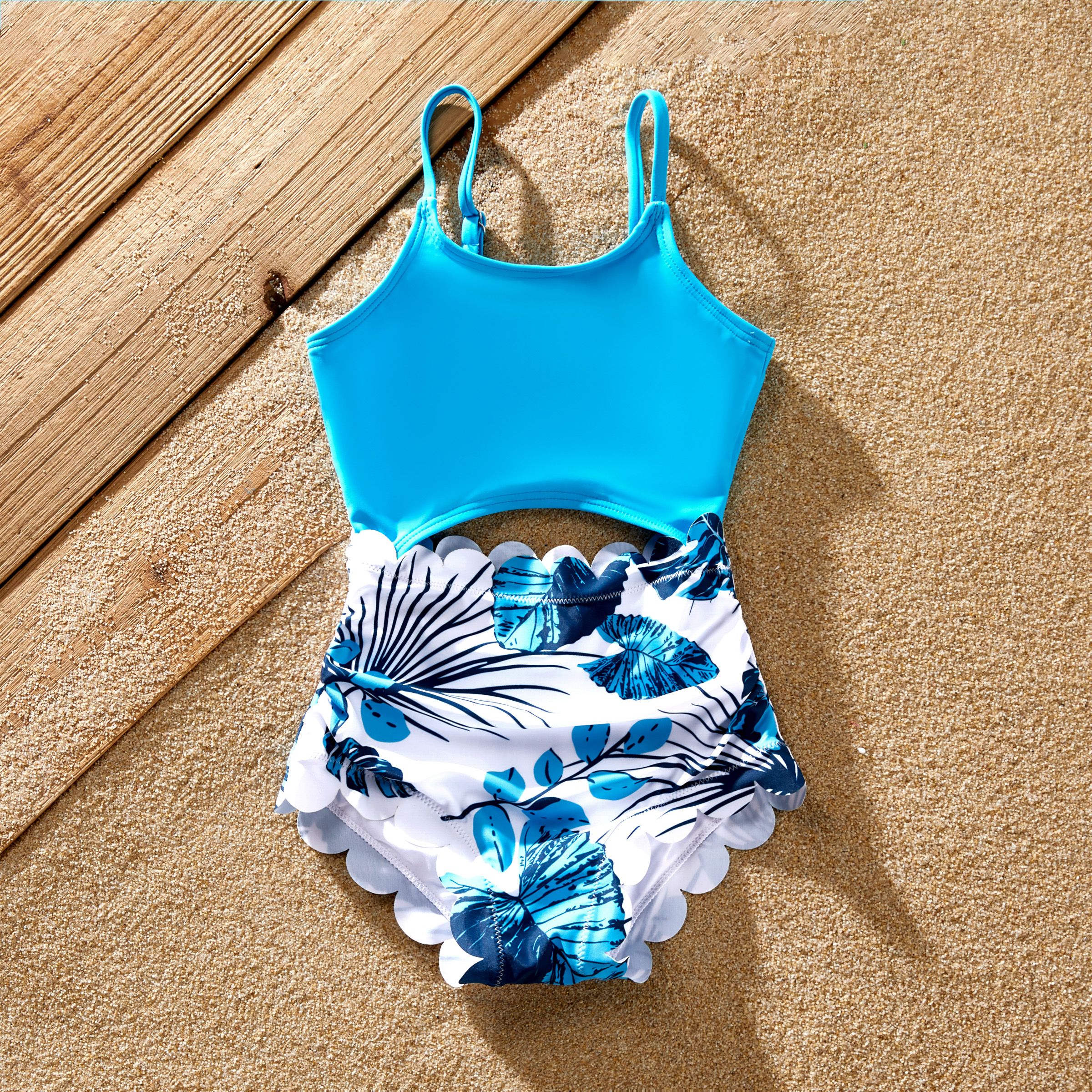 

Family Matching Blue Floral Drawstring Swim Trunks or Cut Out Lace UP Back One-Piece Swimsuit with Optional Cover Up