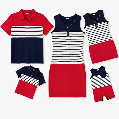 Family Matching Color Block Stripe Polo Shirt and V-Neck Button Body-con dress Sets
