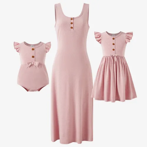 Mommy and Me Pink Button Up Pink Bodycon Midi Dress