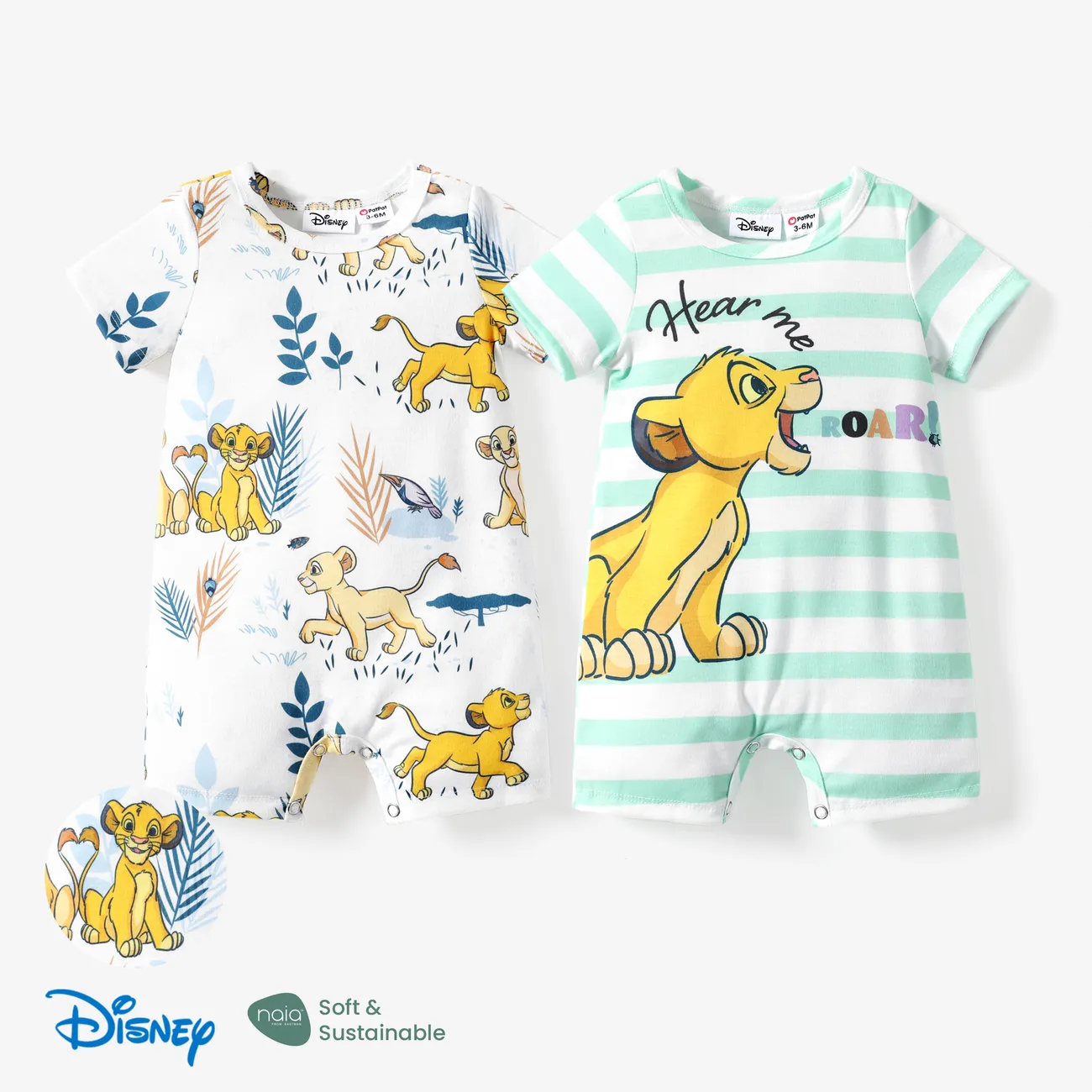 Disney Lion King Baby Boys/Girls Simba 1pc Naia™ Jungle Print Striped Romper Green big image 1