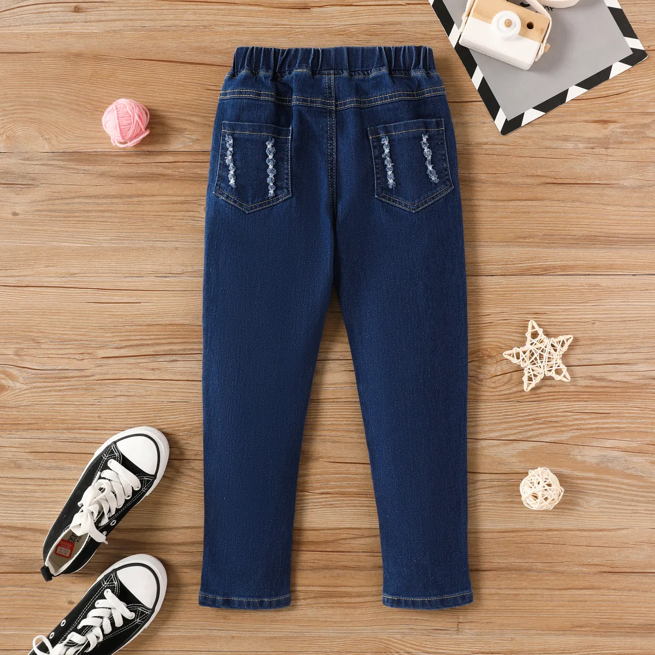 Kids Girl Cat Rabbit Tasseled Denim Jeans Deep Blue big image 1