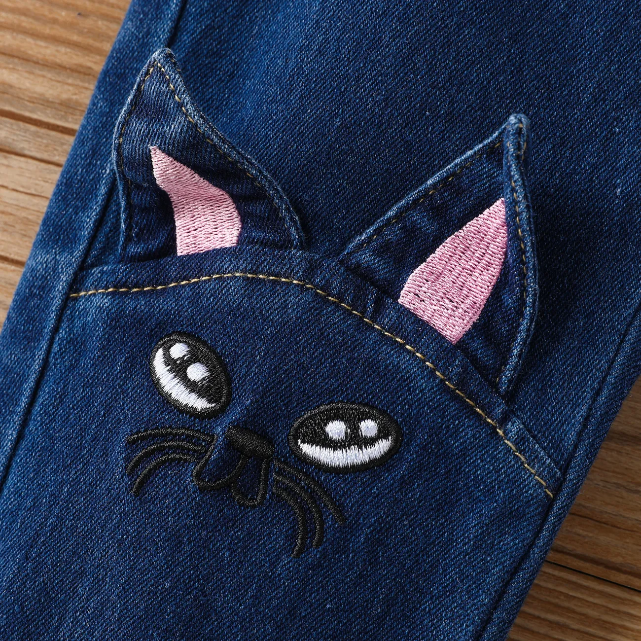 Kids Girl Cat Rabbit Tasseled Denim Jeans Deep Blue big image 1