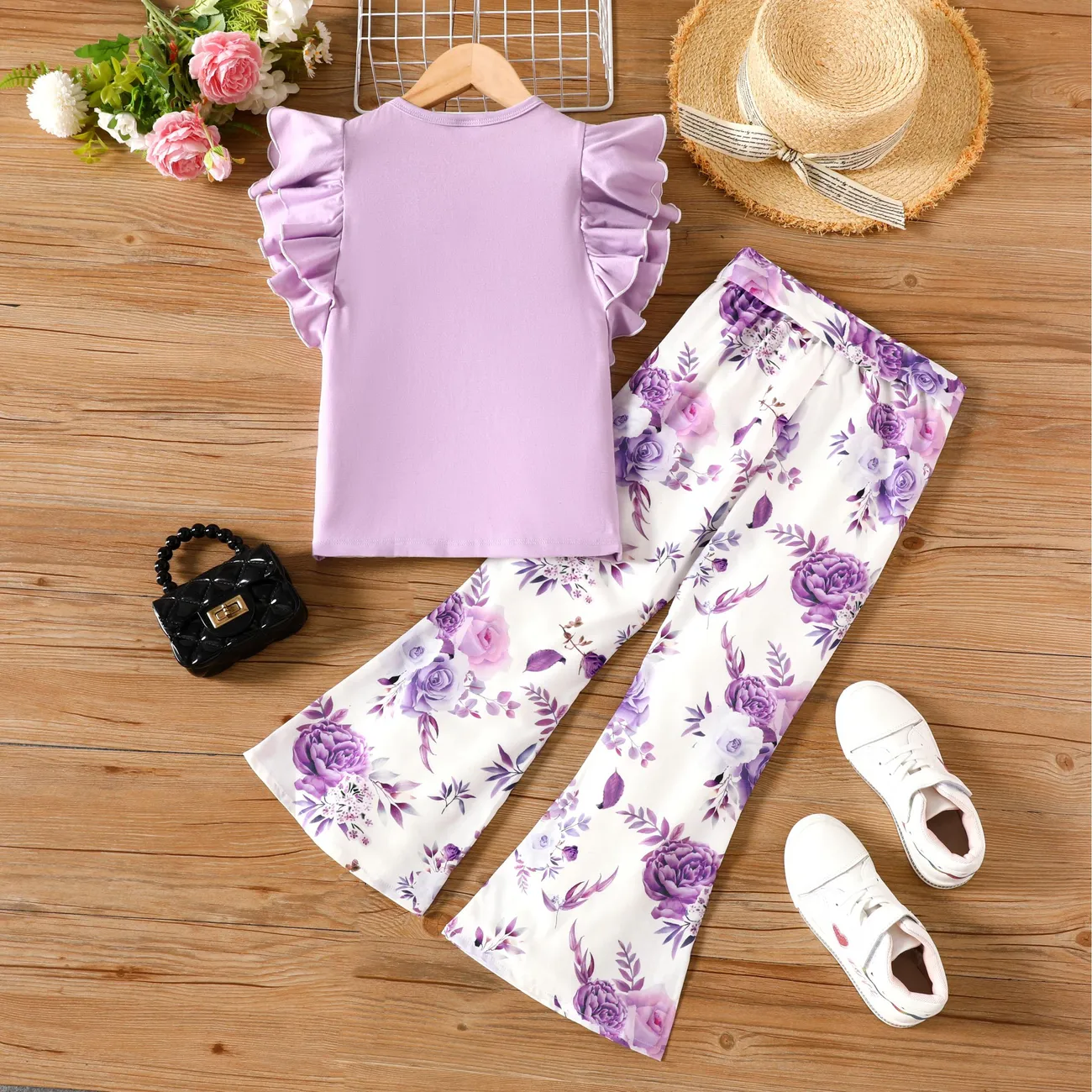 3件 大童 套裝 女 植物花卉 荷葉邊 紫色 big image 1