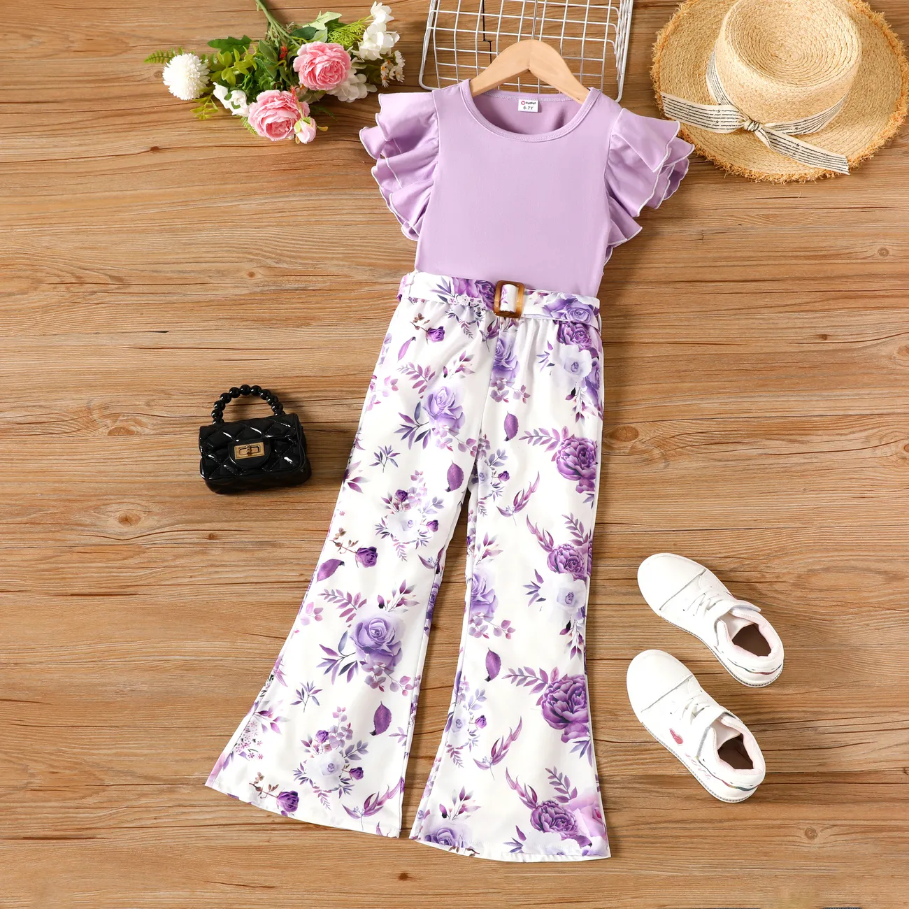 Kid Girl 3pcs Flutter Sleeve Top and Floral Pattern Flared Pants with Belt Set Purple big image 1