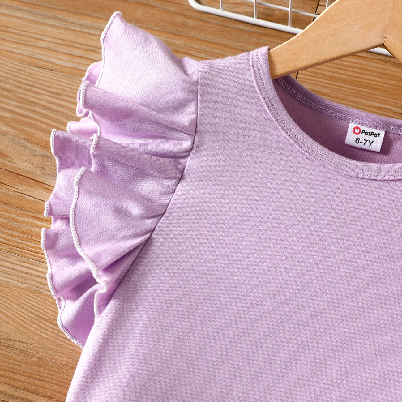 Kid Girl 3pcs Flutter Sleeve Top and Floral Pattern Flared Pants with Belt Set Purple big image 1