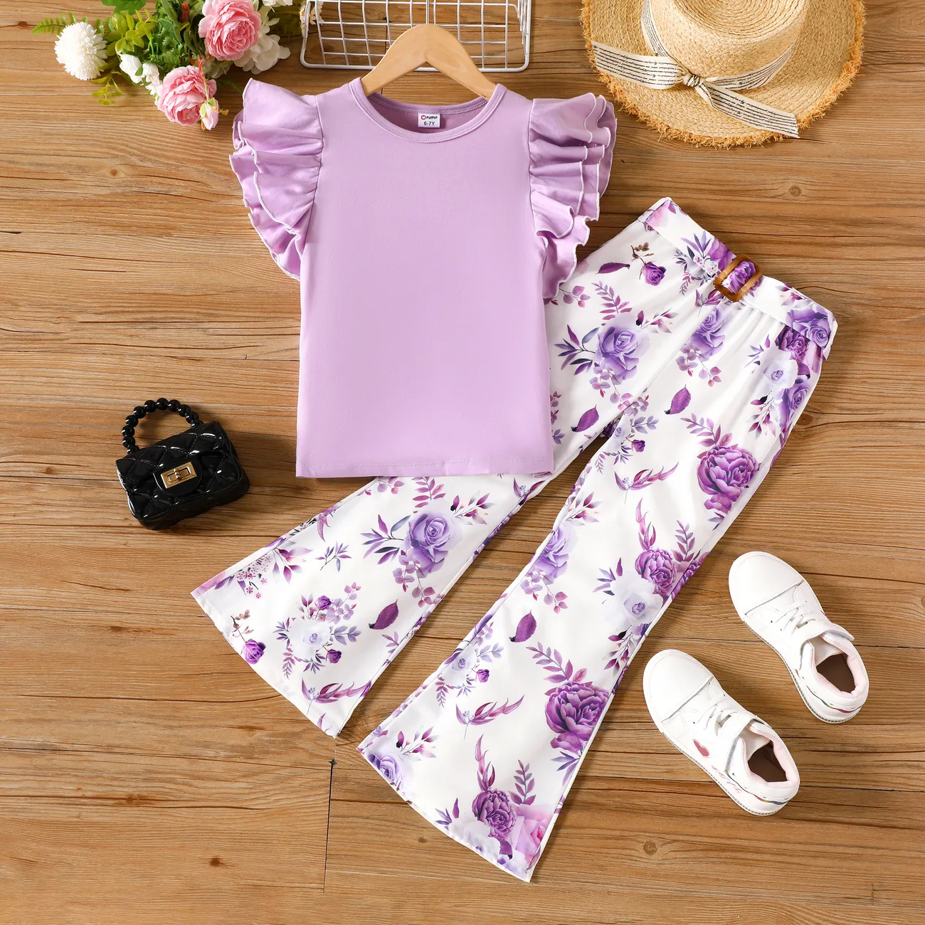 3件 大童 套裝 女 植物花卉 荷葉邊 紫色 big image 1