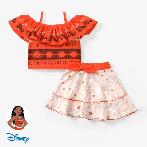 迪士尼公主莫阿娜 2 件套幼兒/小女孩棕櫚葉荷葉邊蝴蝶結連衣裙套裝