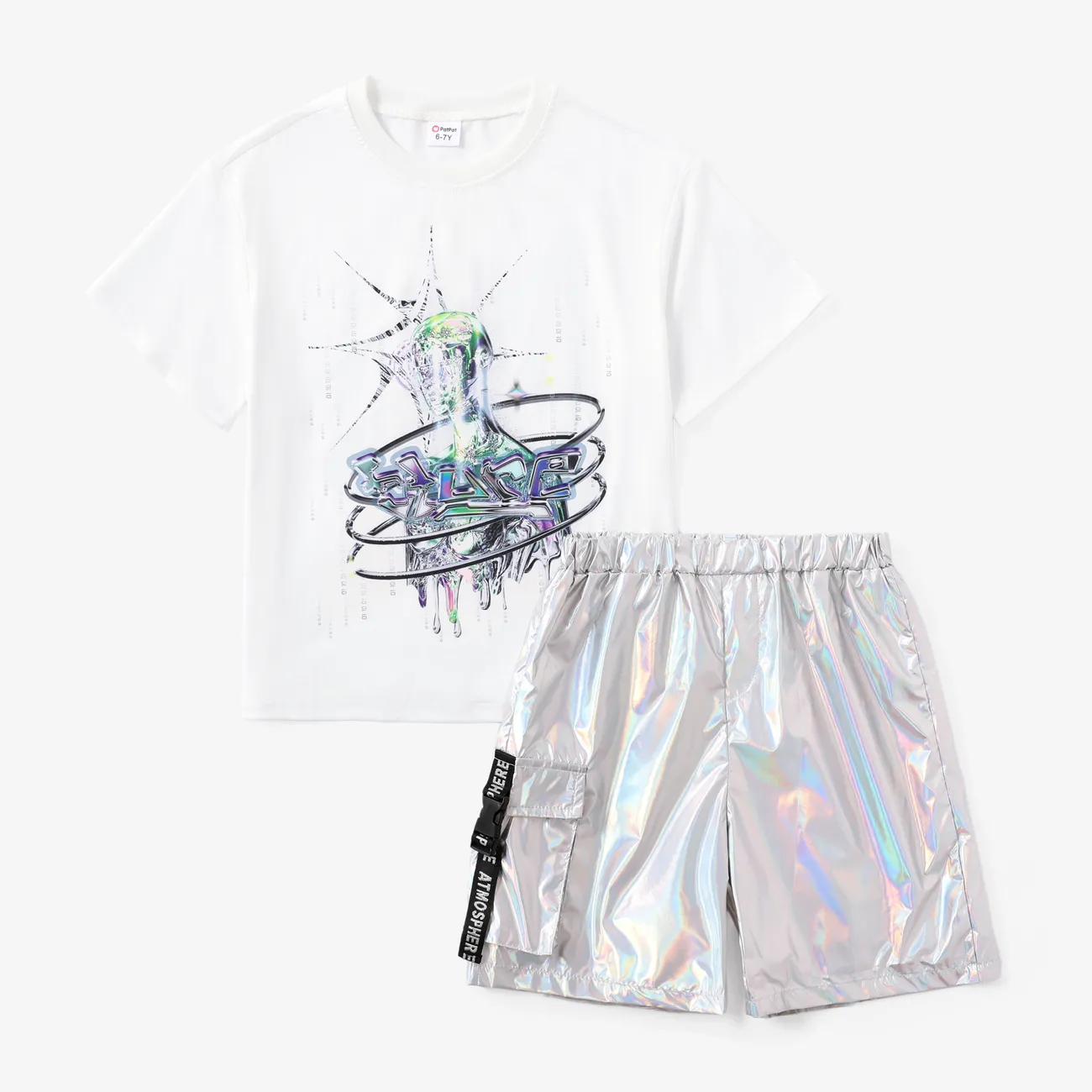 Kid Boy/Girl 2pcs Laser Fabric Irregular Print Tee and Shorts Set White big image 1