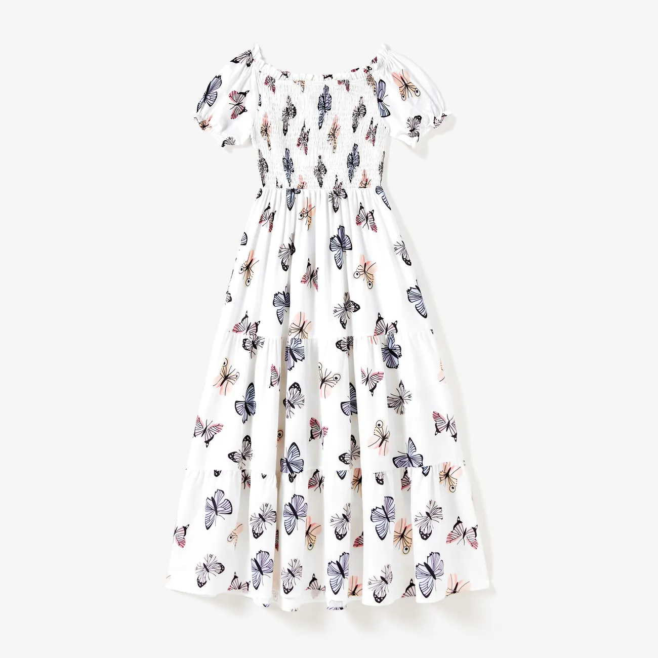 Family Matching Allover Butterfly Print Off Shoulder Puff-sleeve Shirred Dresses and Short-sleeve Denim Shirts Sets White big image 1