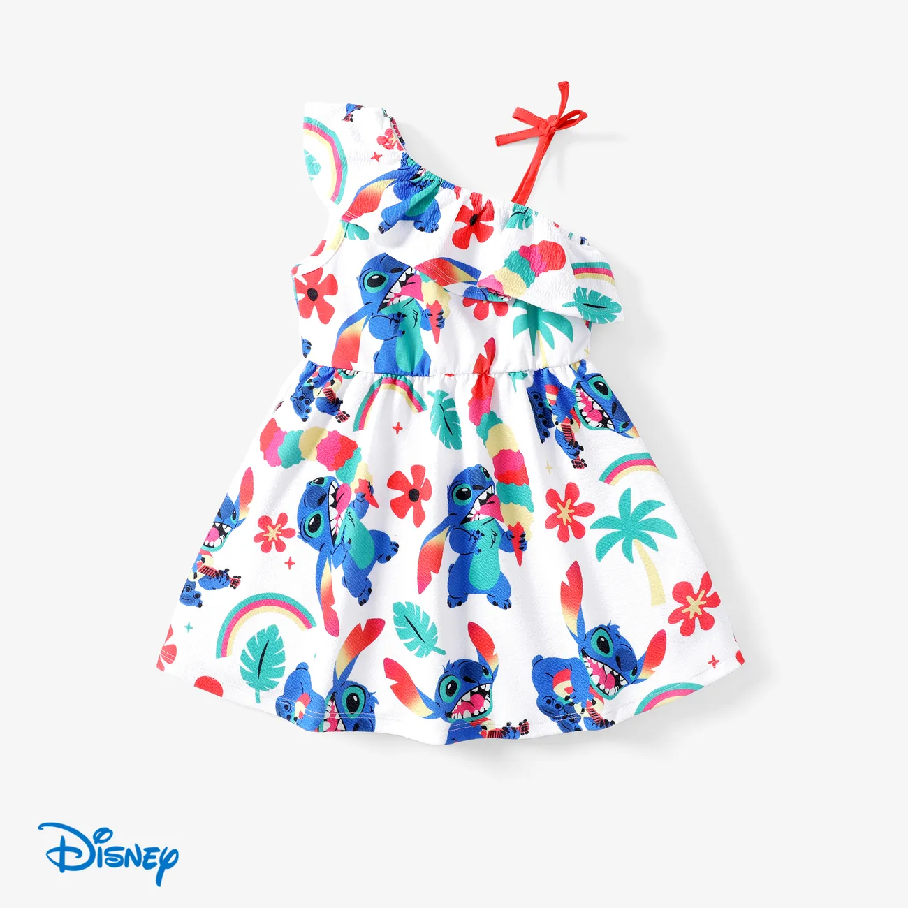Disney Stitch Toddler Girls 1pc Character All-over Rainbow Floral Print One-shoulder Bow Dress White big image 1