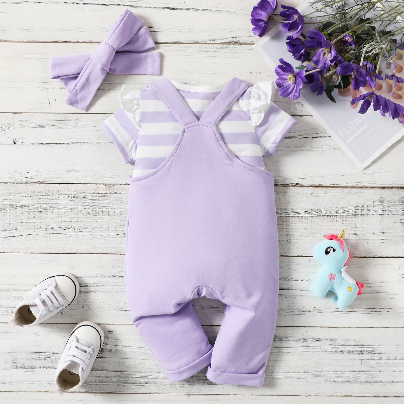 Baby Girl 3pcs Striped Tee and Unicorn Print Overalls Pants and Headband Set Purple big image 1