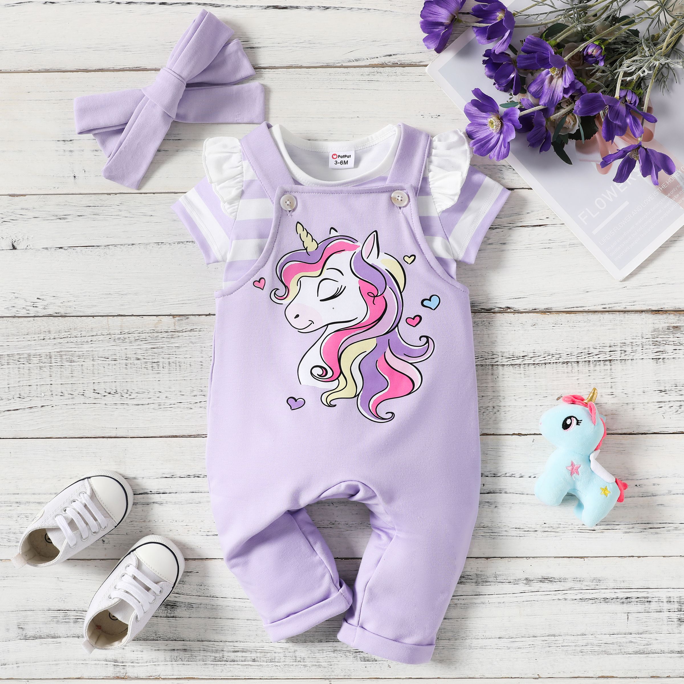 Baby Girl 3pcs Striped Tee and Unicorn Print Overalls Pants and Headband Set