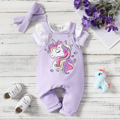 Camiseta a rayas de bebé niña de 3 piezas y conjunto de monos con estampado de unicornio y diadema