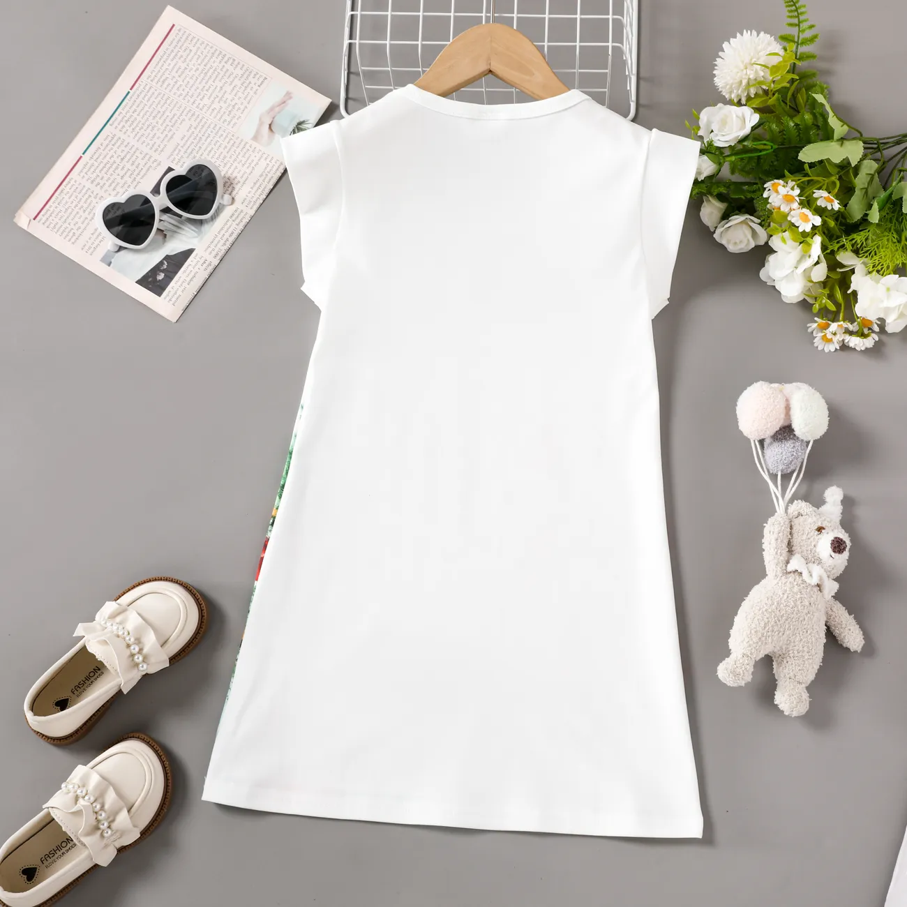 Cartoon Bear Sleeveless Dress for Girls in Polyester Spandex Blend - Childlike Animal Pattern White big image 1