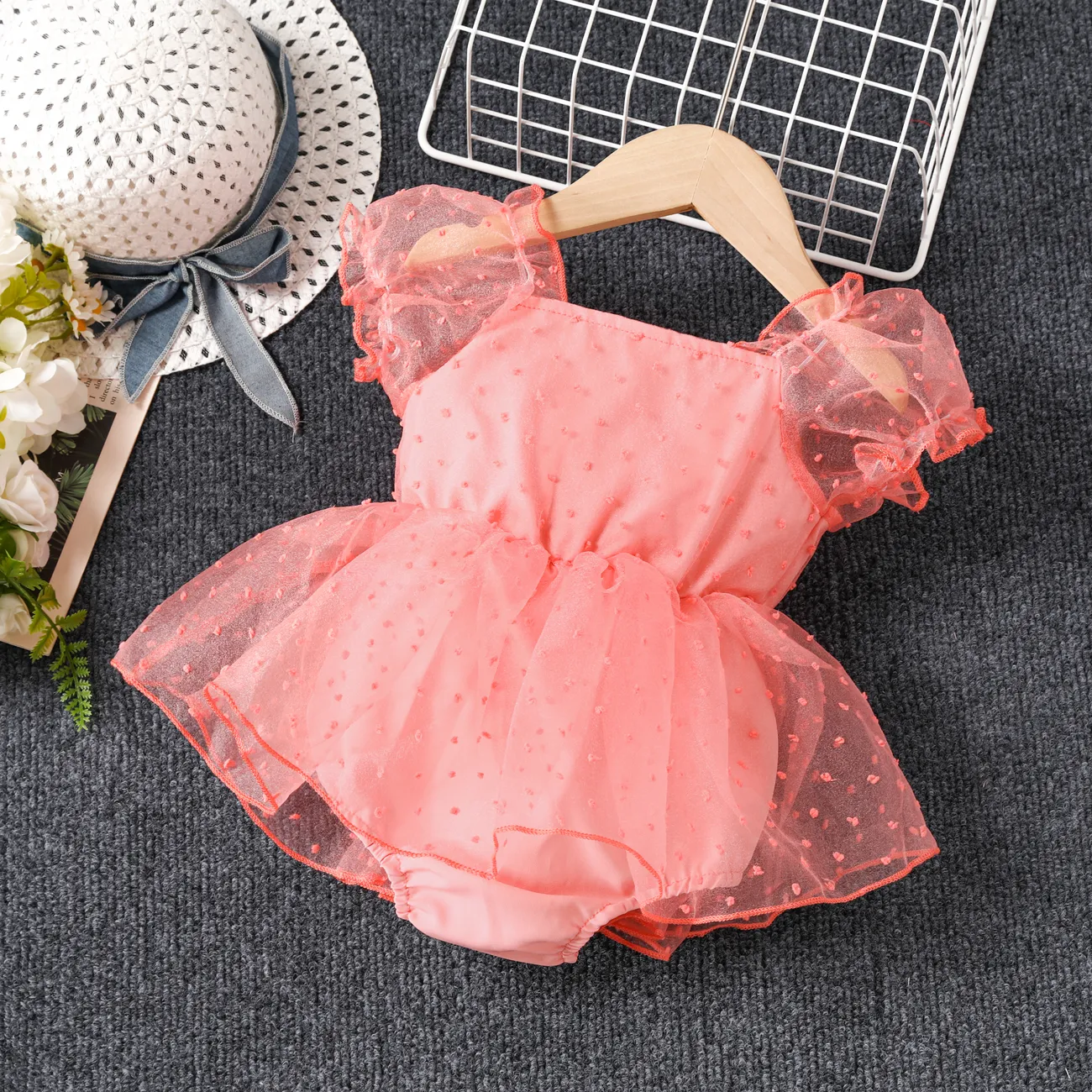  Baby Girls Sweet Pink Mesh Bubble Sleeve Butterfly Knot Romper  Pink big image 1