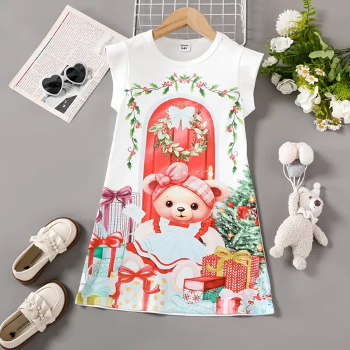 Cartoon Bear Sleeveless Dress for Girls in Polyester Spandex Blend - Childlike Animal Pattern