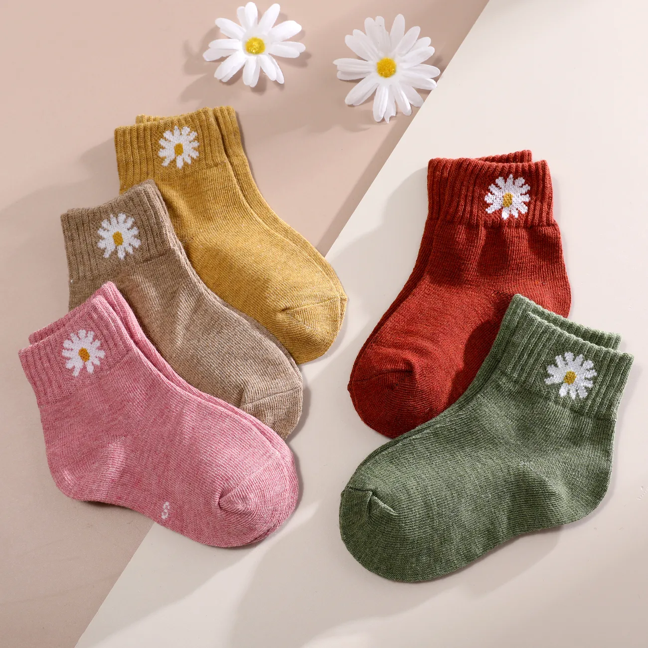 Paquete de 5 calcetines casuales a media pantorrilla para niños pequeños/niños para niñas y niños con diseño de margaritas Marrón big image 1