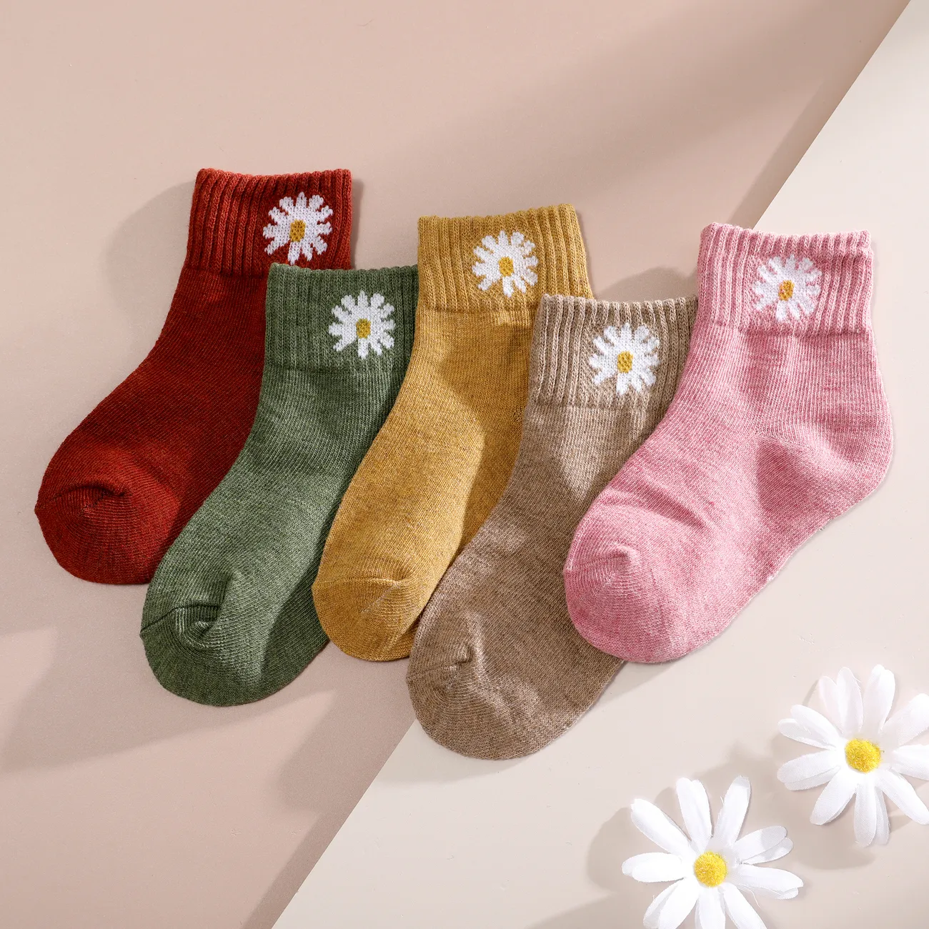 5er-Pack Kleinkind/Kinder Mädchen/Junge Lässige Socken mit mittlerer Wade und Gänseblümchen-Design braun big image 1