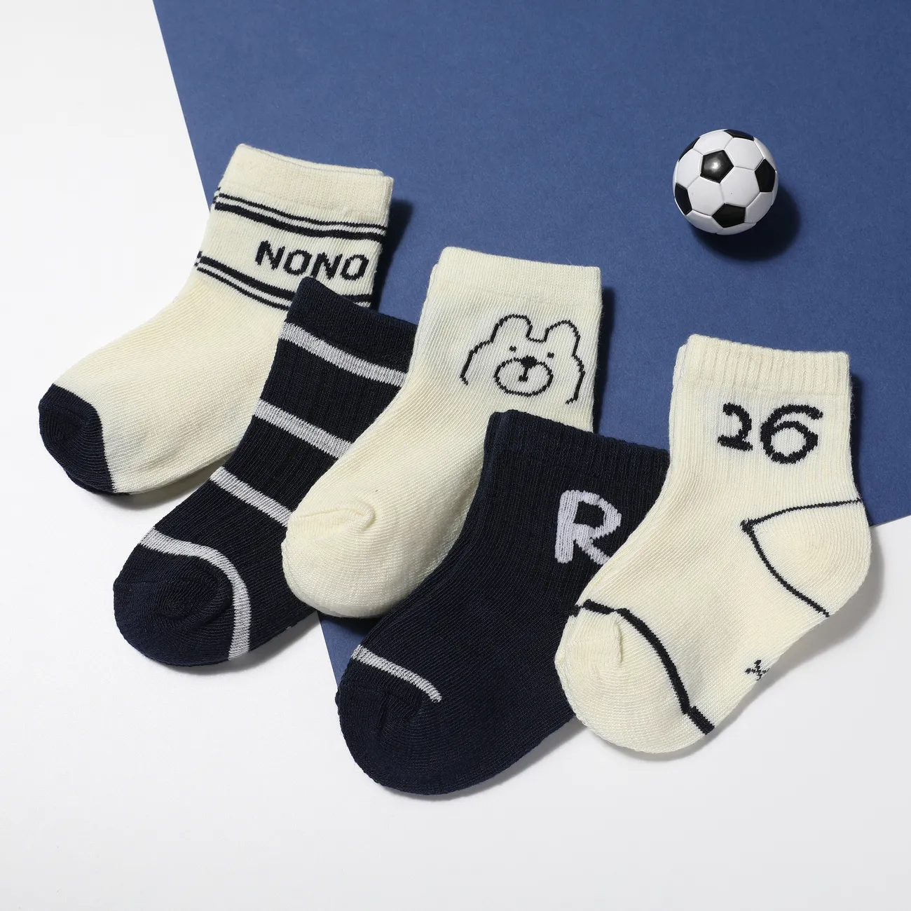 5-pack Baby/toddler Girl/Boy Casual Letter and Number Mid-Calf Socks Dark Blue big image 1