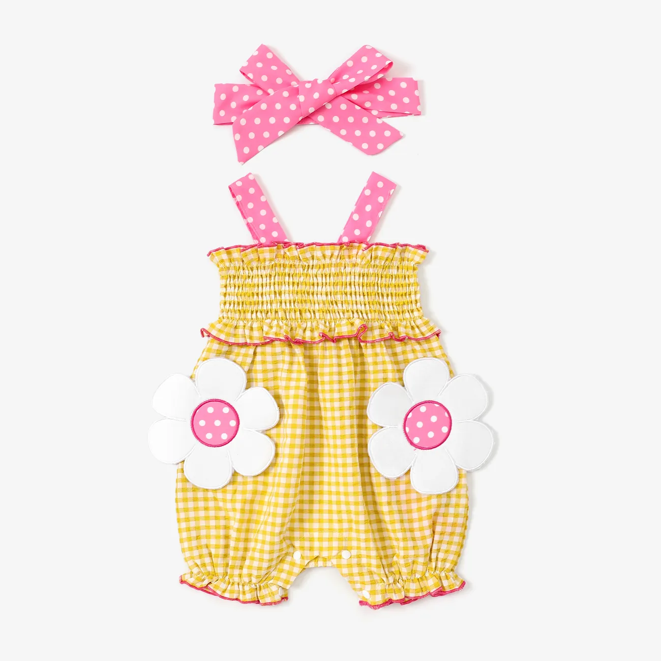 Baby Girl 2pcs Floral Applique Plaid Print Ruffled Jumpsuit with Headband Yellow big image 1