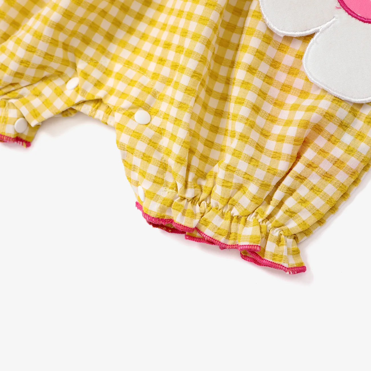 Baby Girl 2pcs Floral Applique Plaid Print Ruffled Jumpsuit with Headband Yellow big image 1