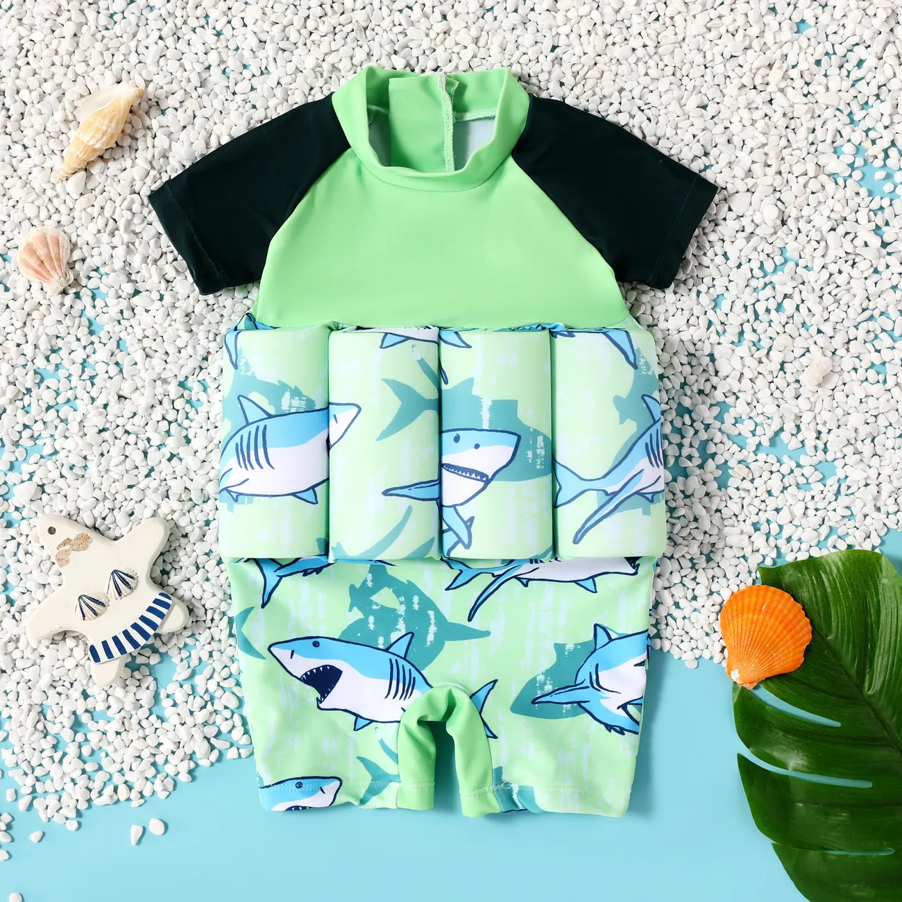 Bébé Garçon Couture de tissus Requin Enfantin Manches courtes Maillots de bain Vert big image 1