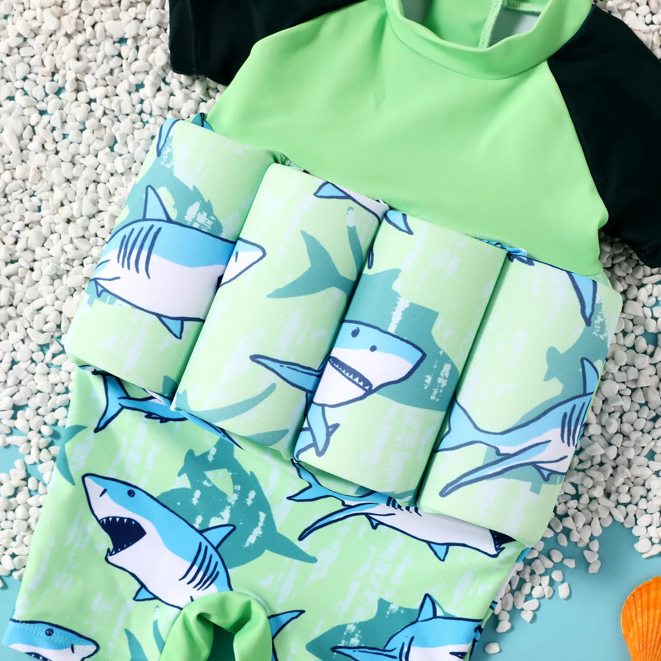 Bébé Garçon Couture de tissus Requin Enfantin Manches courtes Maillots de bain Vert big image 1