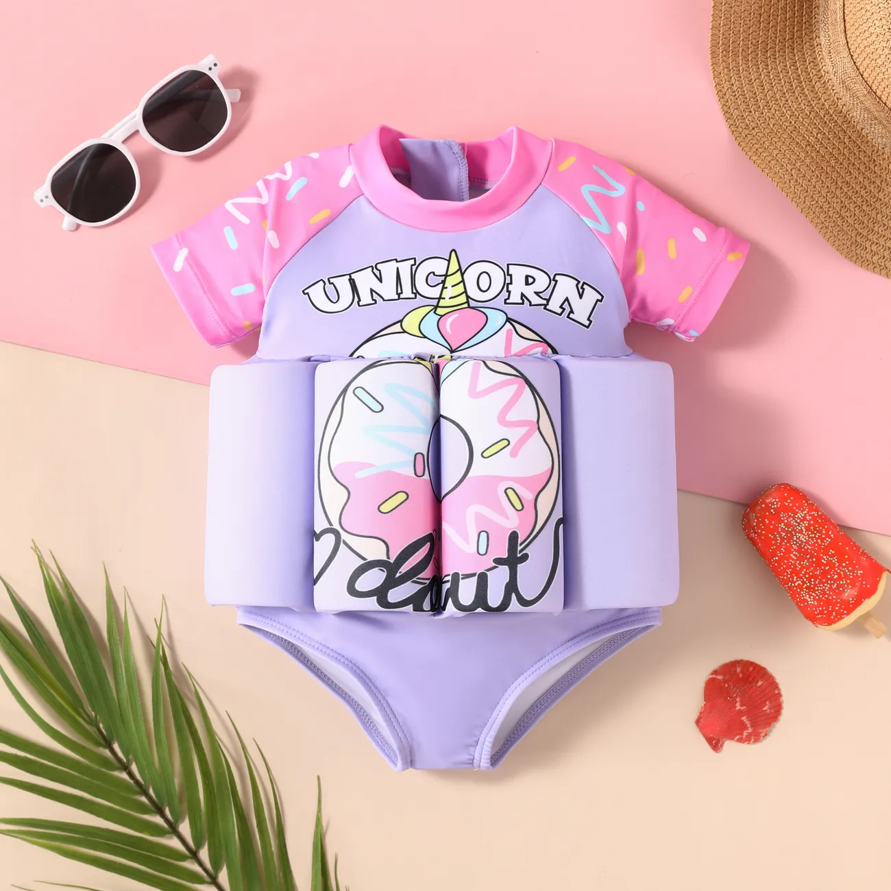 Sweet Girls' Floaty Swimsuit with Food Print and Fabric Stitching Purple big image 1