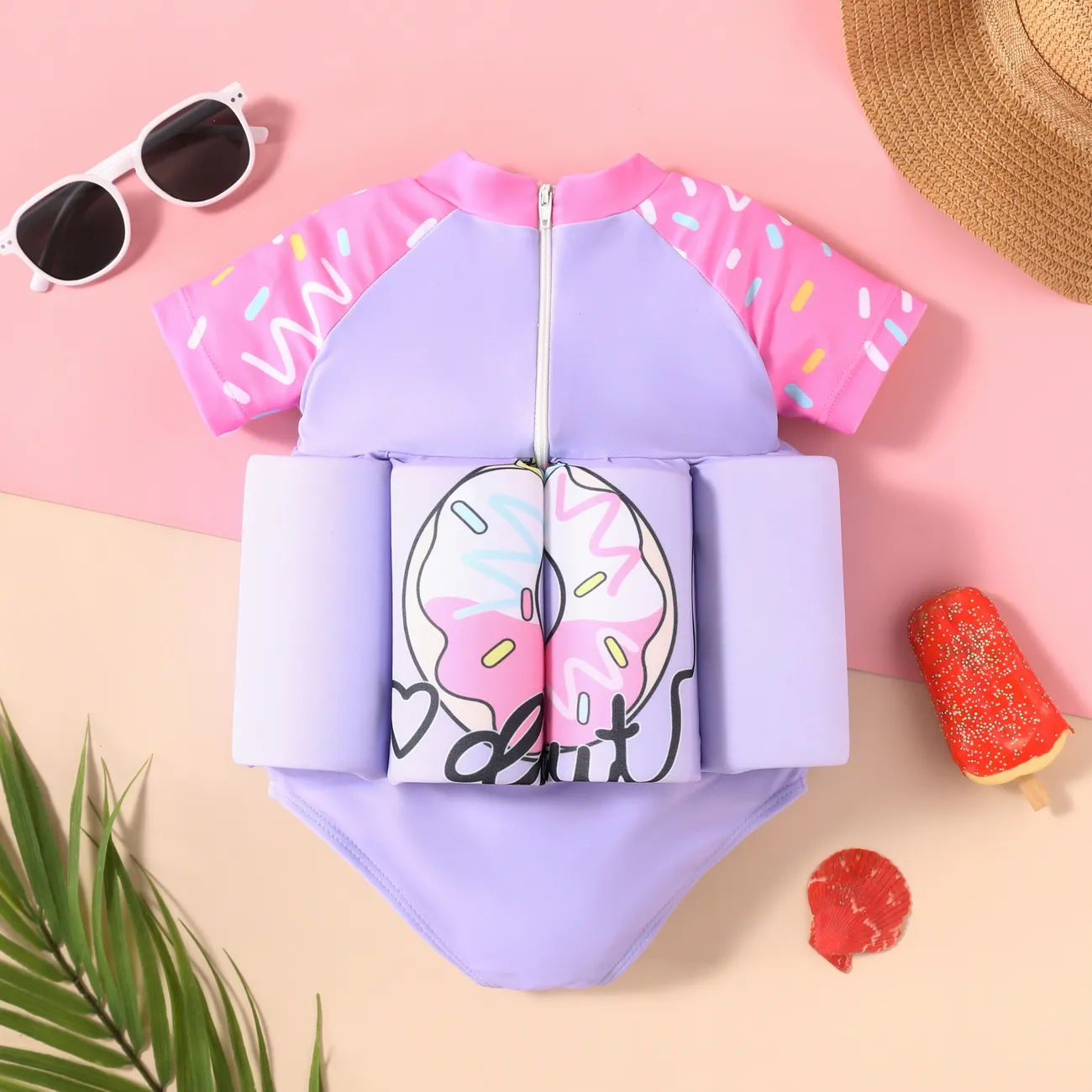 嬰兒 女 布料拼接 甜美 短袖 泳衣 紫色 big image 1