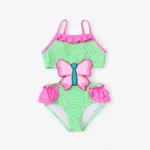 Kid Girl Polka Dots Butterfly Embroidery Ruffled Swimsuit Green