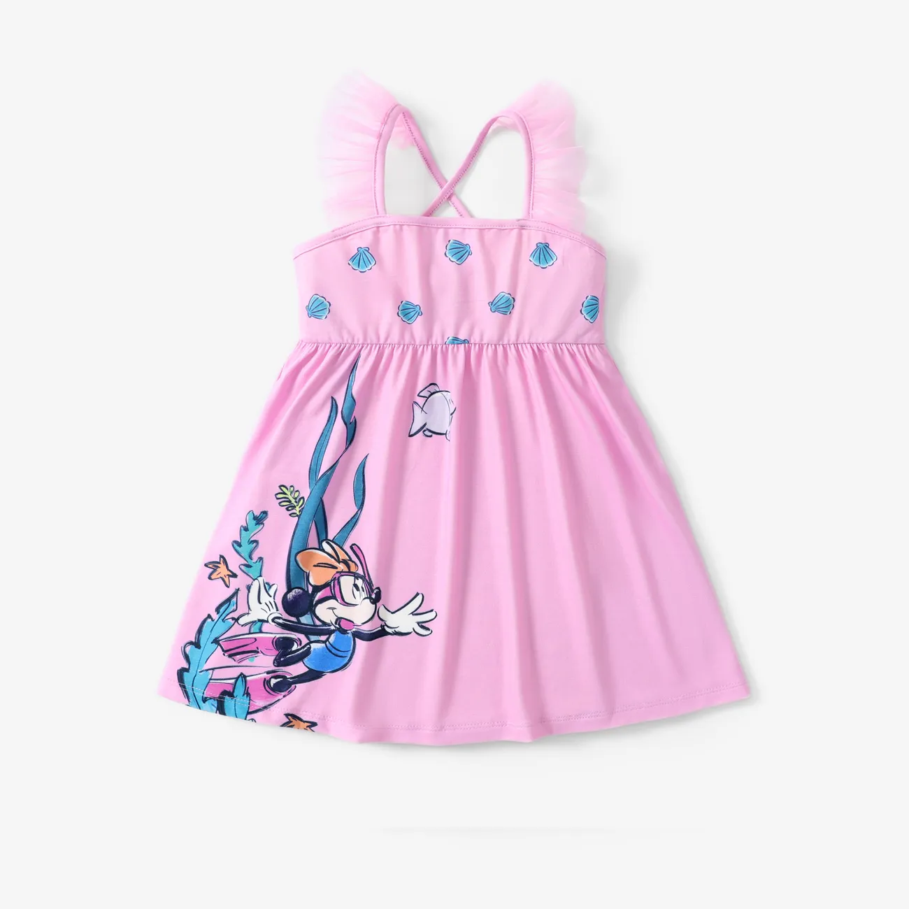 Disney Mickey and Friends Toddler Girls 1pc Naia™ Character Coral Print Ruffled-sleeve Cross-back Dress
 Pink big image 1