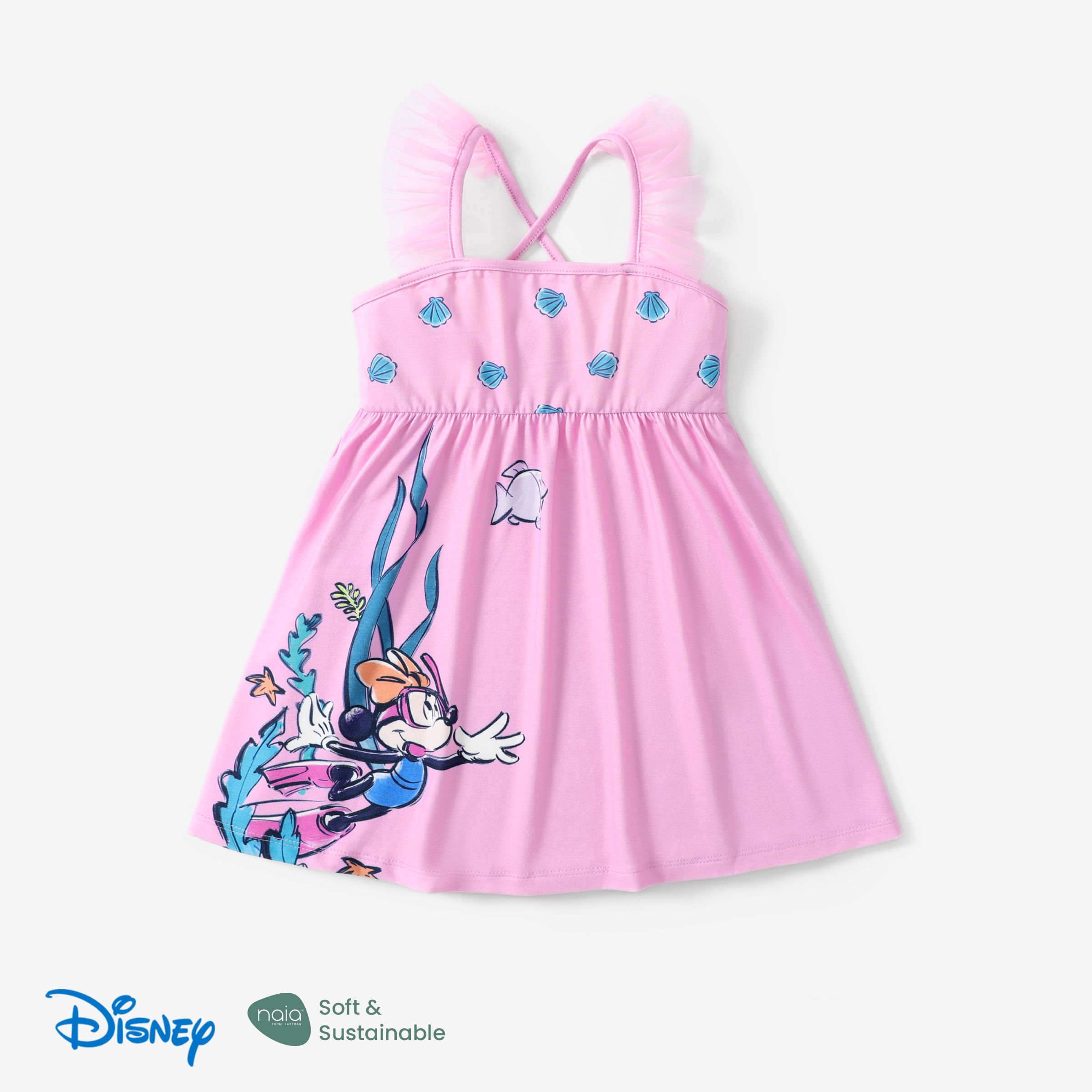 Disney Mickey and Friends 幼兒女孩 1 件裝 Naia™ Character 珊瑚印花荷葉邊袖交叉背連衣裙