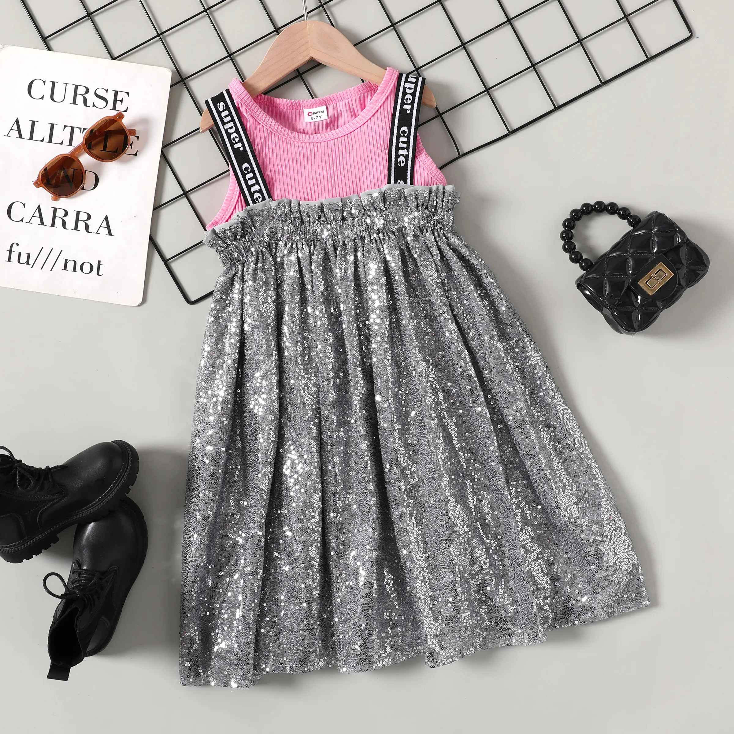 Toddler/Kid Girl 2pcs Solid Tank Top and Sequin Fabric Cami Dress Set