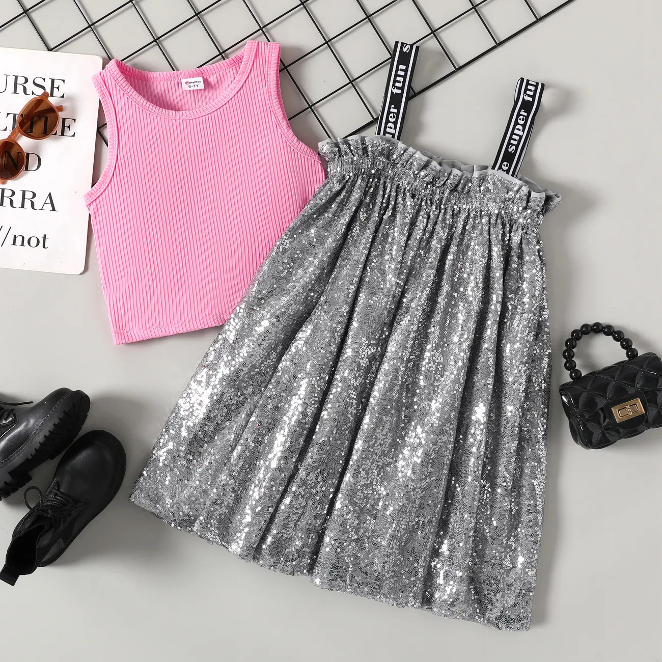 Toddler/Kid Girl 2pcs Solid Tank Top and Sequin Fabric Cami Dress Set Pink big image 1