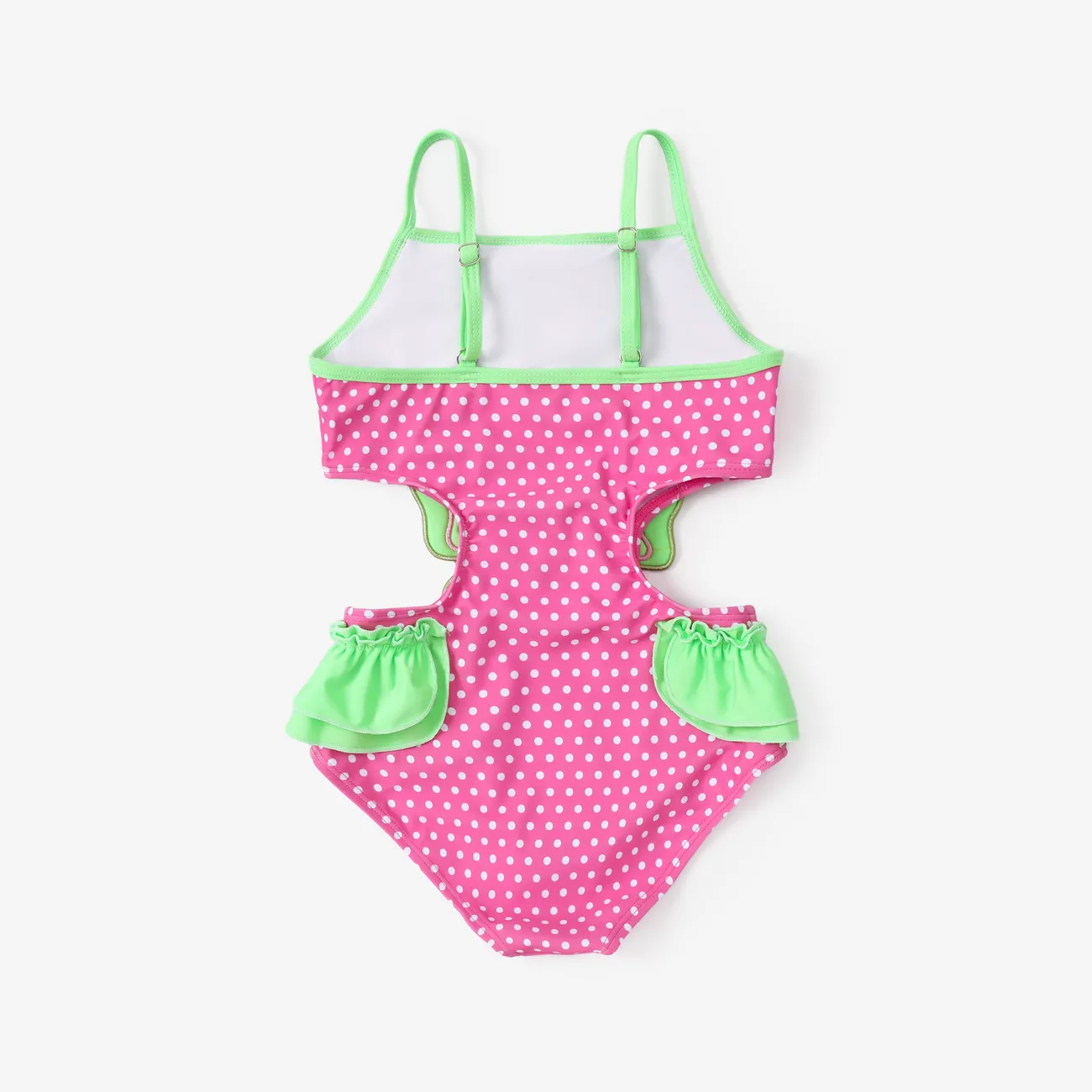 Kid Girl Polka Dots Butterfly Embroidery Ruffled Swimsuit Pink big image 1