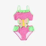 Kid Girl Polka Dots Butterfly Embroidery Ruffled Swimsuit Pink