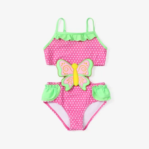 Kid Girl Polka Dots Butterfly Embroidery Ruffled Swimsuit
