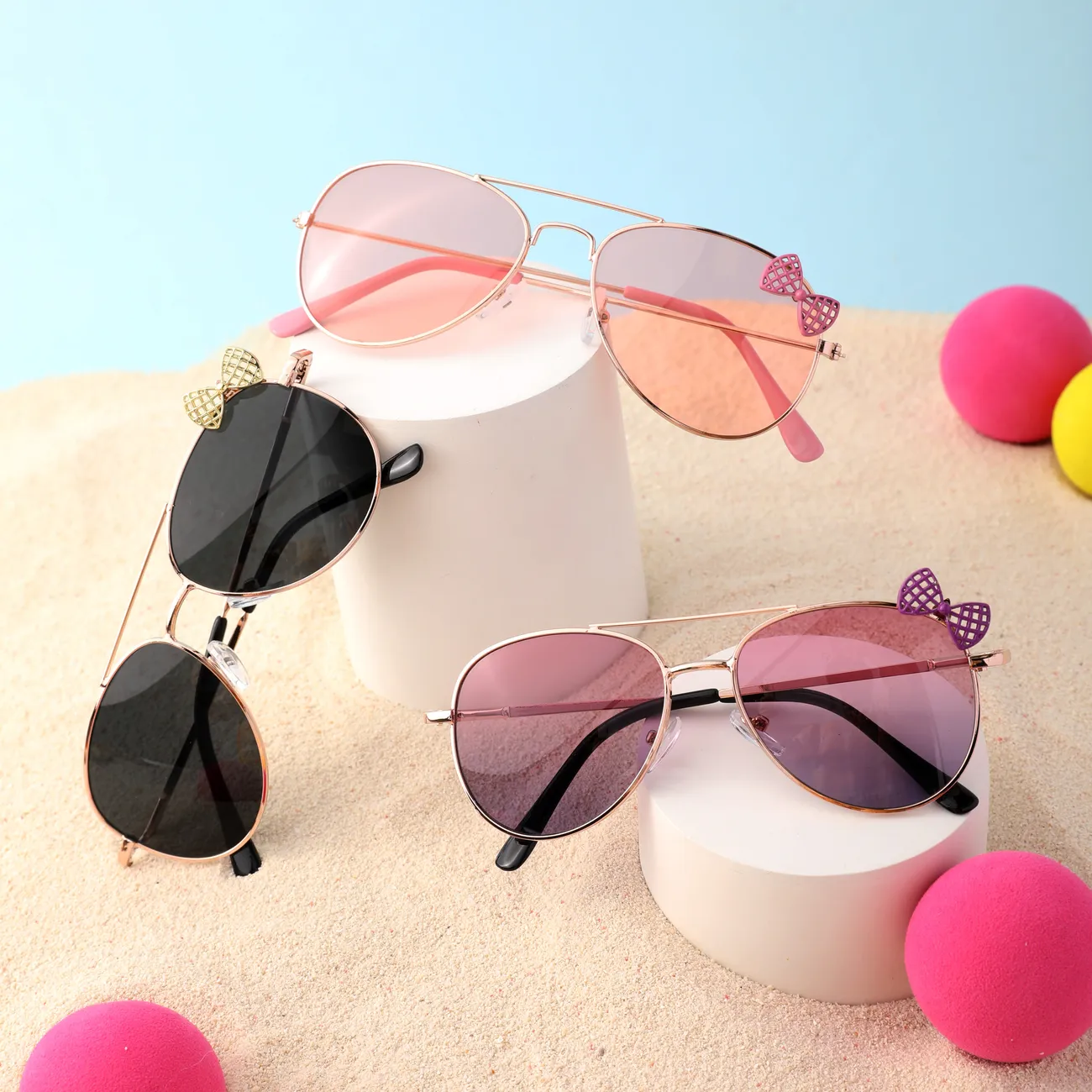 Gafas de sol dulces para niños pequeños / niños con marco de metal y lentes decorativas de ojo de gato de pajarita Rosado big image 1