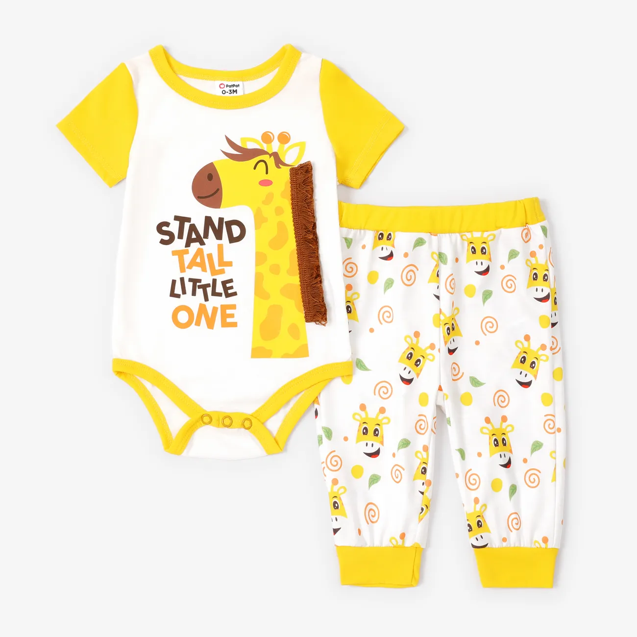 Baby Boy 2pcs Giraffe Print Colorblock Romper and Pants Set Yellow big image 1