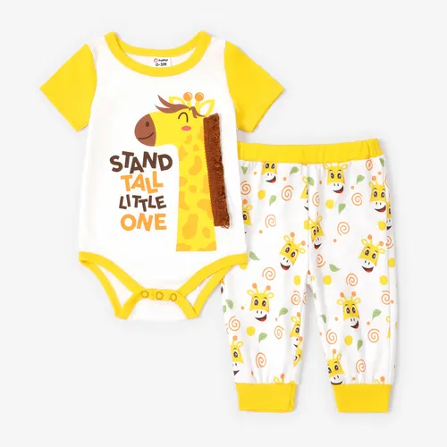 Bébé garçon 2pcs girafe imprimé colorblock barboteuse et pantalon ensemble
