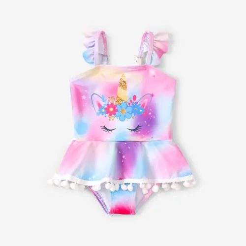 Toddler Girl Unicorn Print Flutter Sleeve One-Piece Swimsuit