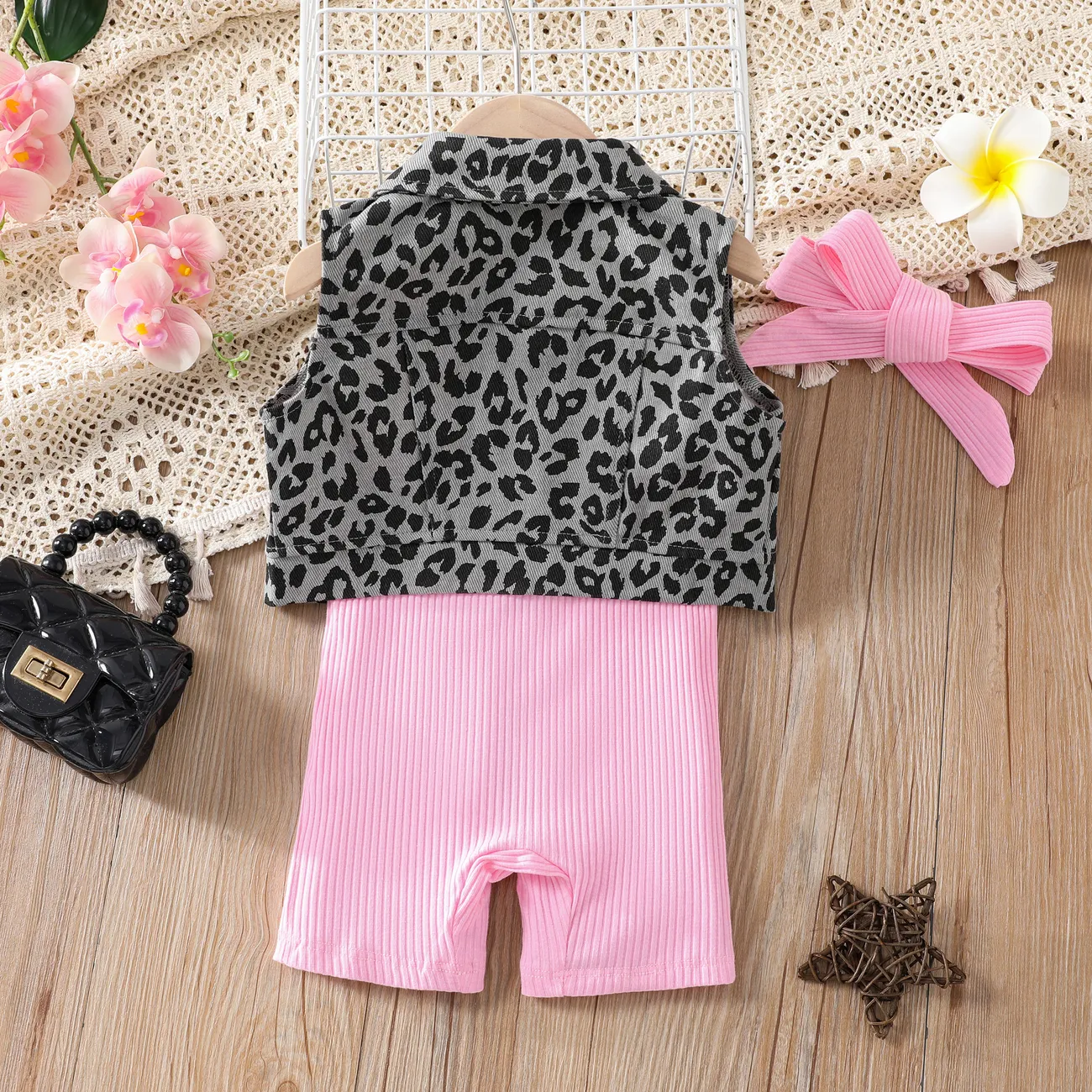 Toddler Girl 3pcs Leopard Print Vest Jacket and Cami Jumpsuit and Headband Set pink- big image 1