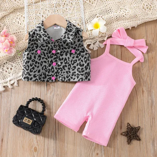 Toddler Girl 3pcs Leopard Print Vest Jaqueta e Cami Jumpsuit e Headband Set