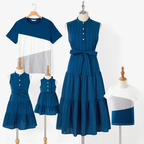 Family Matching Tiered A-line Midi Dress and Colorblock Top Sets