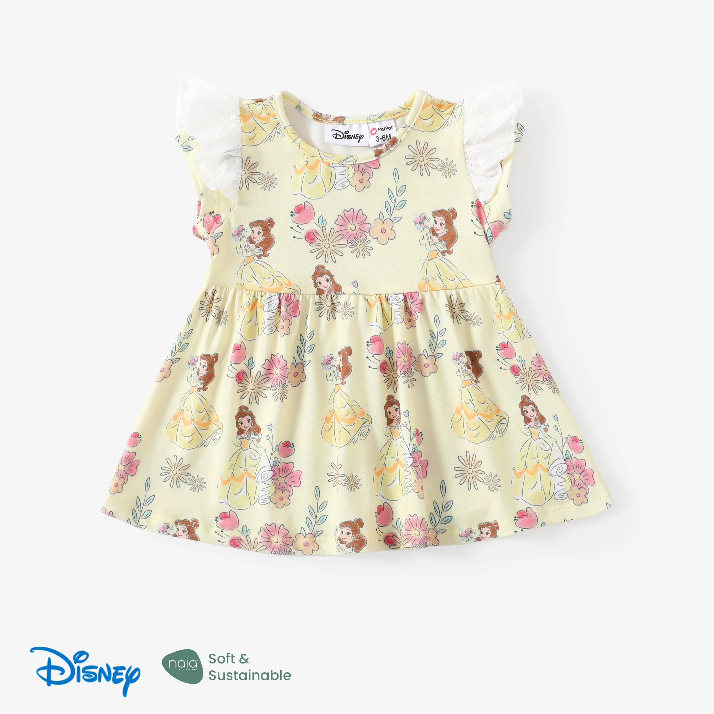 迪士尼公主嬰兒/幼兒女孩 Ariel/Belle/白雪公主 1 件裝 Naia™ Character 通體印花蕾絲荷葉邊袖連衣裙