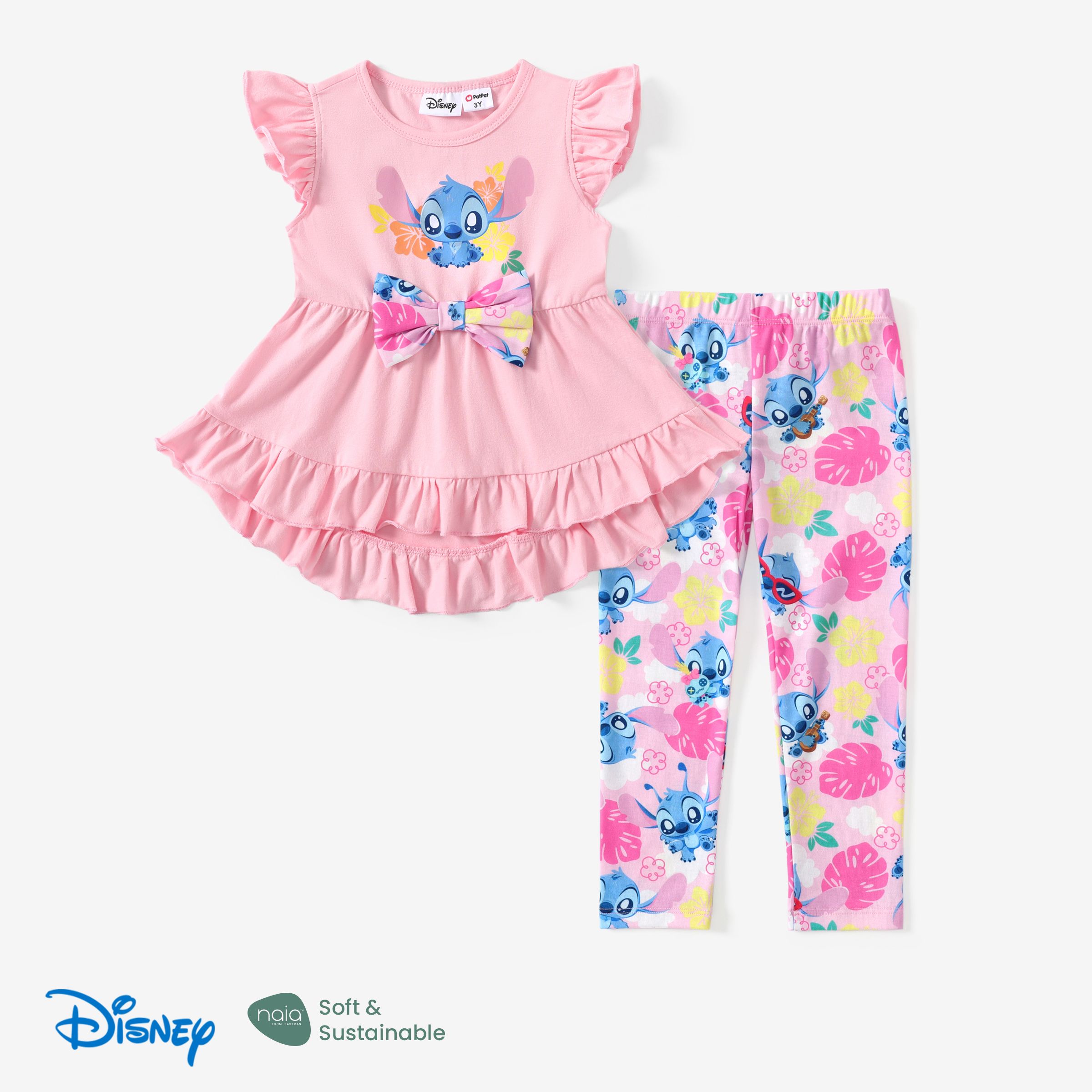 Disney Stitch Toddler Girls 2pcs Naia™ 棉質花卉印花蝴蝶結荷葉邊層上衣搭配緊身褲套裝